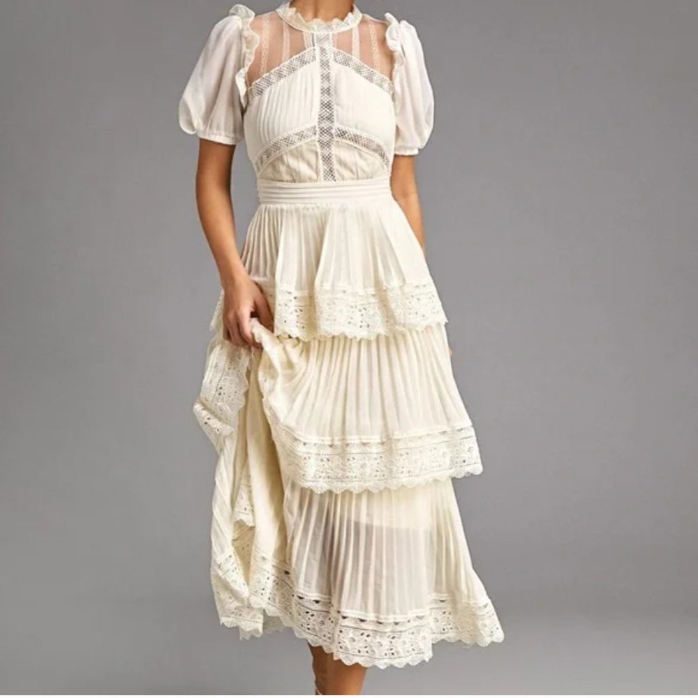 BRAND NEW Cream Mesh Lace Trim Pleated Tiered Maxi Dress